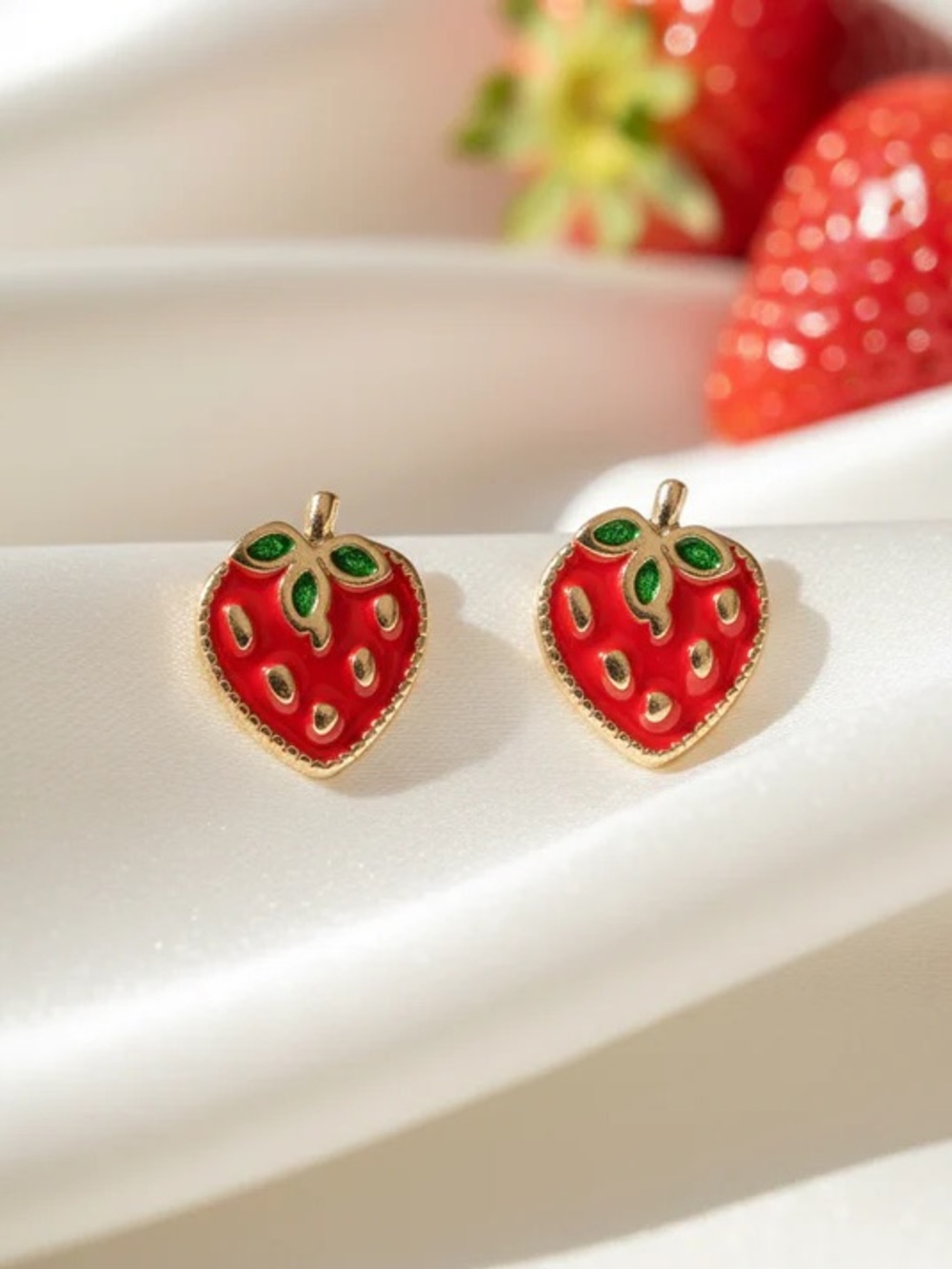 Gold-Trim Red Strawberry Stud Earrings for Women